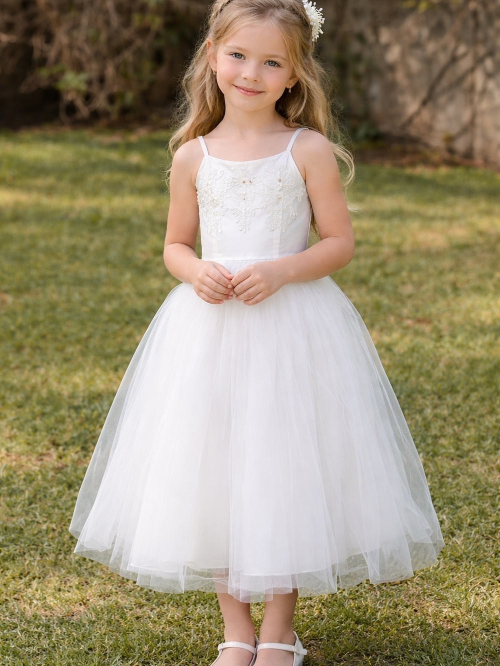 Oleg Cassini Flower Girl Formal Dress Size 10 White Lace Beaded Satin Tulle